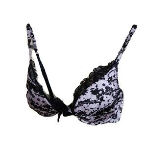 Secret Possessions Bra 34D  Gray Black Lace Underwire Padded Demi Retro